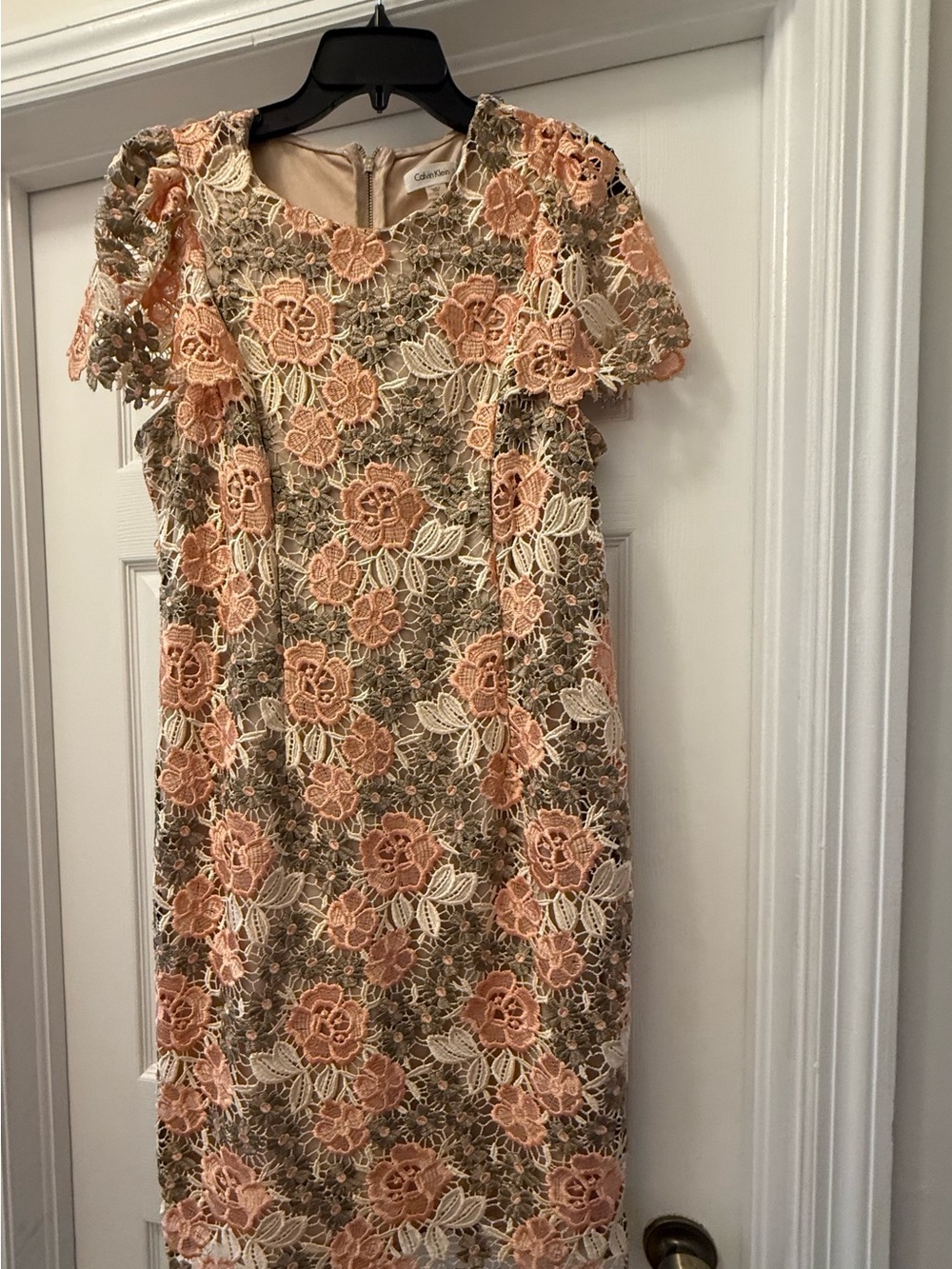 Calvin Klein Peach, Cream & Olive Floral Lace Midi Dress